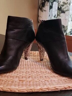 Dolce Vida Black Leather Ankle Booties with Snake-Print Heel